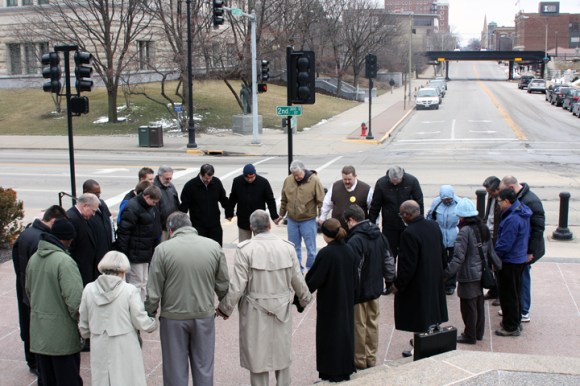 Christians gathered to pray on the Illinois Capitol steps Thursday. David Howard, director of missions for the Capital City Baptist Association, and Kevin Carrothers, pastor of Rochester First Baptist, were among the group of about 25 people.