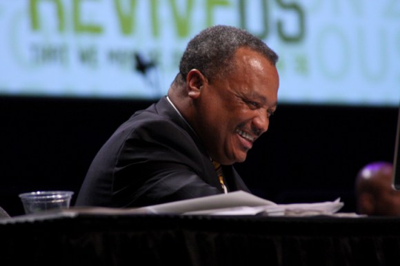 Fred Luter laughs as Virginia pastor Mark Croston nominates him for a second term as SBC President. Luter, pastor of Franklin Avenue Baptist Church in New Orleans, was unopposed.