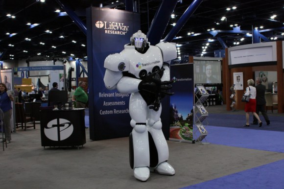 A walking, talking robot (or Transformer) greeted guests at the LifeWay Christian Resources booth, charming most and befuddling a few born before the 1980s cartoon. LifeWay's "Transformational Church" materials are designed to help strengthen congregations by measuring the signs of a healthy church.