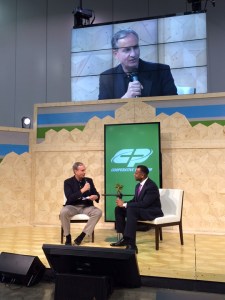 IBSA Executive Director Nate Adams (left) interviews former Atlanta Fire Chief Kelvin Cochran at the Southern Baptist Convention in Columbus.