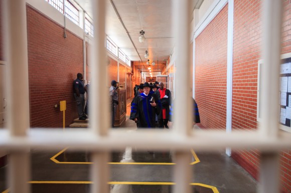 Southwestern Baptist Theological Seminary President Paige Patterson leads faculty through the Darrington Prison Unit during May 9 graduation ceremonies. SWBTS photo by Matt Miller
