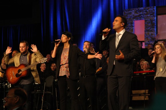 After leading worship Tuesday, Julio Arriola (right) was elected music director for next year's Convention in St. Louis.