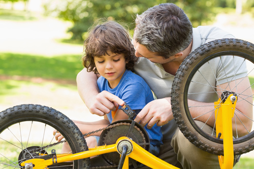 Close-up of father and son fixing bike